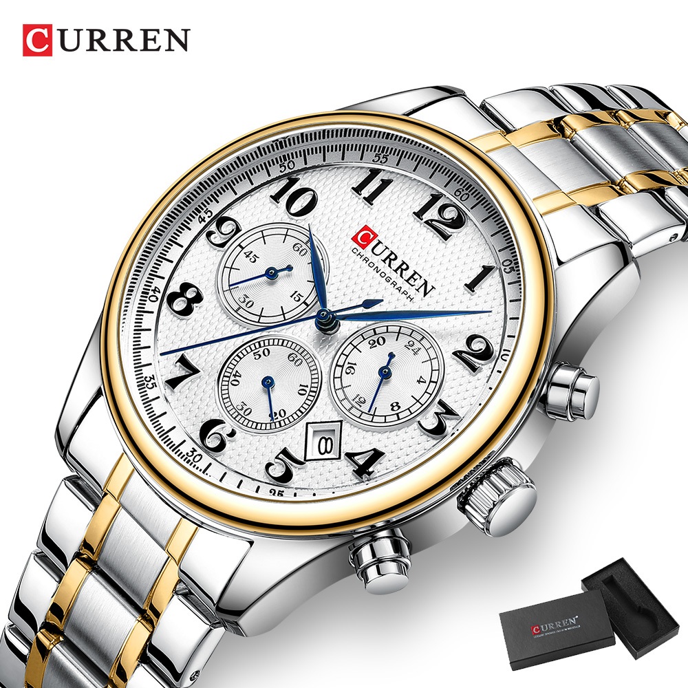 Original CURREN Relógio Masculino Pulseira De Aço Inoxidável Multifuncional Cronógrafo Dial À Prova Dwaterproof Água Mod em Oferta na Shopee
