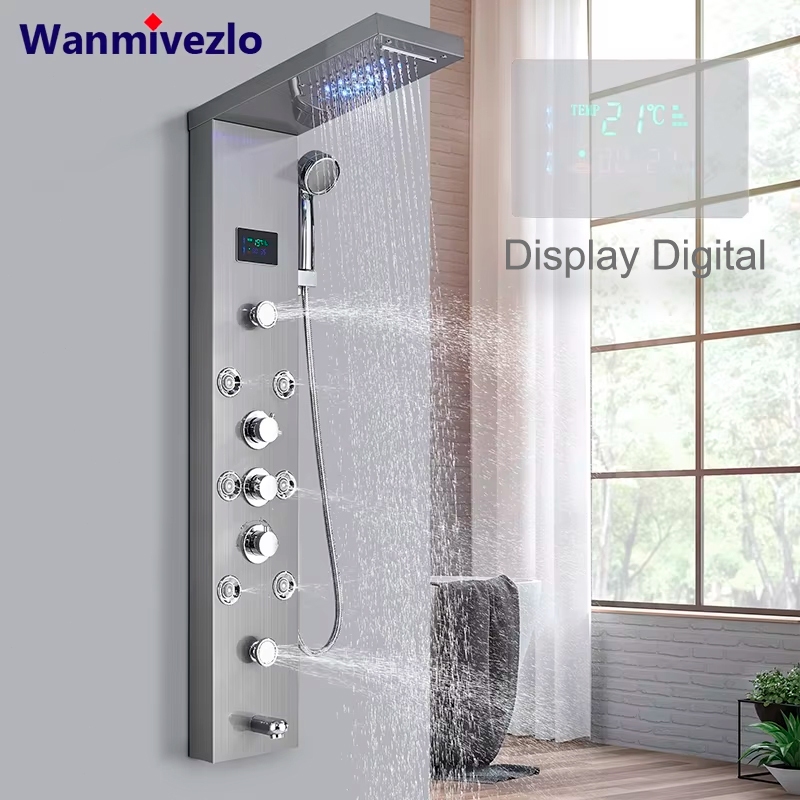 Torneira De Painel De Chuveiro LED Montada Na Parede Com Tela De Chuva digital Híbrida De 5 Modos
