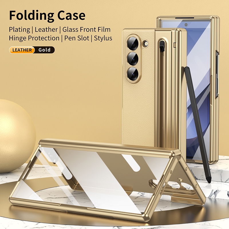 ZFold6 Capa Para Samsung Galaxy Z Fold 6 5 4 3 Pen Groove 360 ° Dobradiça Totalmente Embrulhada Em Couro PU À Prova De C