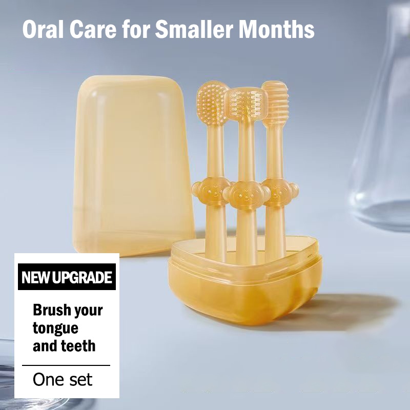 Conjunto de 3 peças de escova de dentes de limpeza Oral infantil com caixa de armazenamento antipoeira, Material de Sili