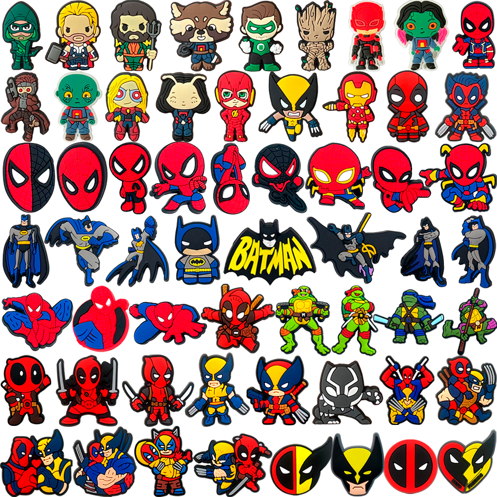 59 Pçs Encantos De Sapato Dos Desenhos Animados Anime Marvel Super-Herói Deadpool Homem Aranha Batman PVC Decorações Ace