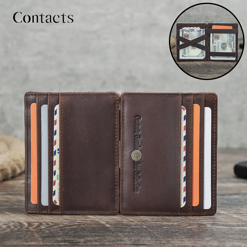 CONTACTS 100 % Couro Genuíno Carteira Masculina Magia Slim Titular Do Cartão RFID Bloqueio Smart Pocket Money Clip