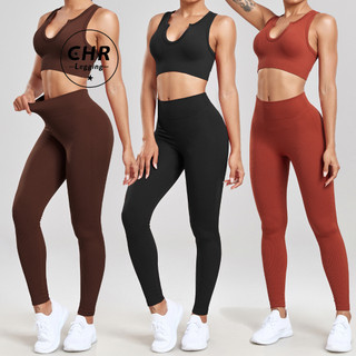 CHR Roupas De Treino Para Mulheres , 2 Peças , Com Nervuras , Sem Costura , Yoga , Leggings De Cintura Alta Regata Curta em Oferta na Shopee