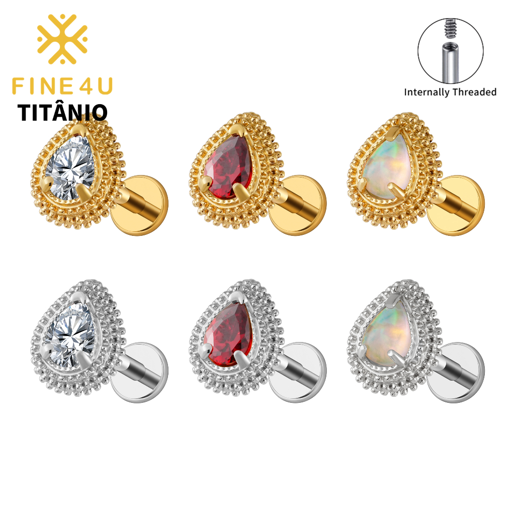 FINE4U Piercing Titânio Lágrima Opala/CZ Hipoalergênica Labret Tragus Helix Conch Cartilagem