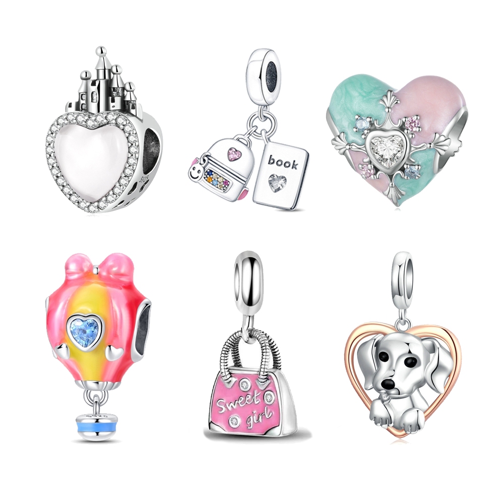 Bijuteria Princesa Berloque Pingente Charme Coração Rosa Amuletos De Prata 925 Mouse Clássico