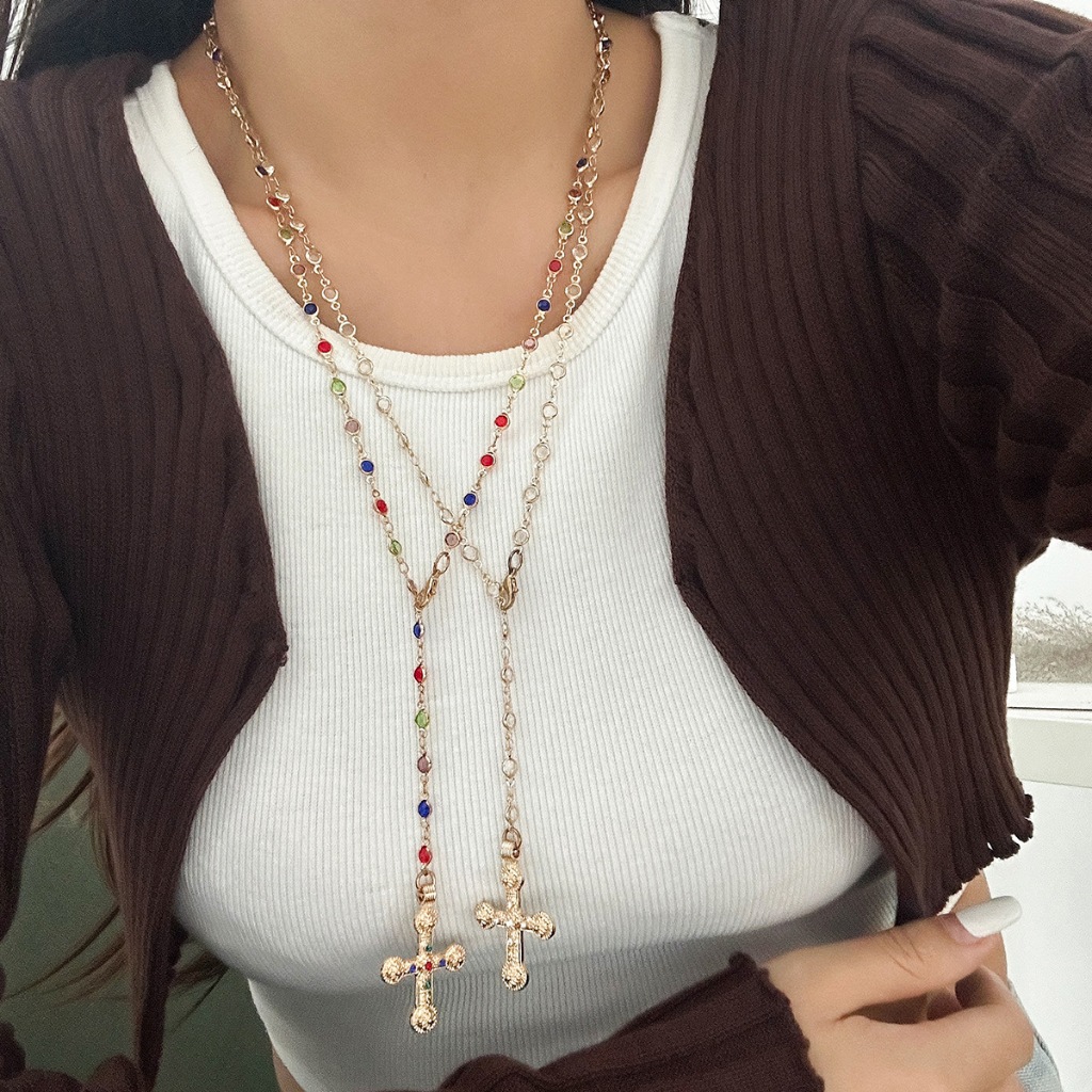 Moda Ins Boho Colorido Zircão Cristal De Aço Inoxidável Cruz Pingente Colar Gargantilha Corrente Jóias Presente Do Feria