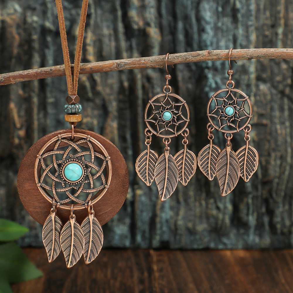 Novo Vintage Apanhador De Sonhos Pingente Conjunto De Jóias Moda Folhas Borla Contas Azuis Bohemia Feminino Oco Brincos 