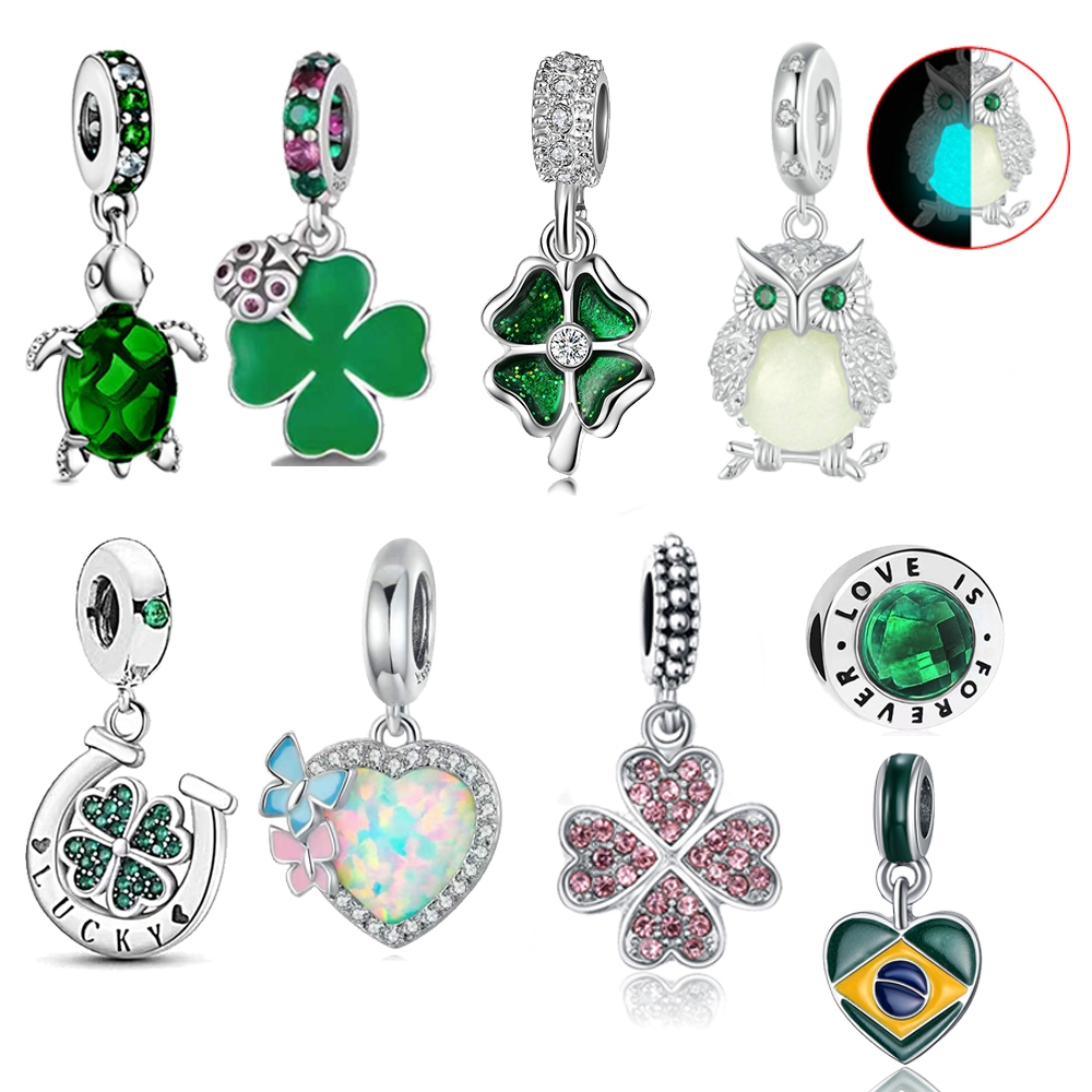Berloque Separador Trevo Árvore da Vida Charme Prata 925 Pingente Pulseira Cristal Verde Trinkets DIY Acessórios