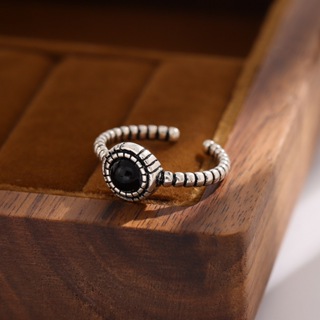Novo estilo 925 anel de prata esterlina Retro Thai prata torção preto ônix único redondo geométrico aberto anel feminino em Oferta na Shopee