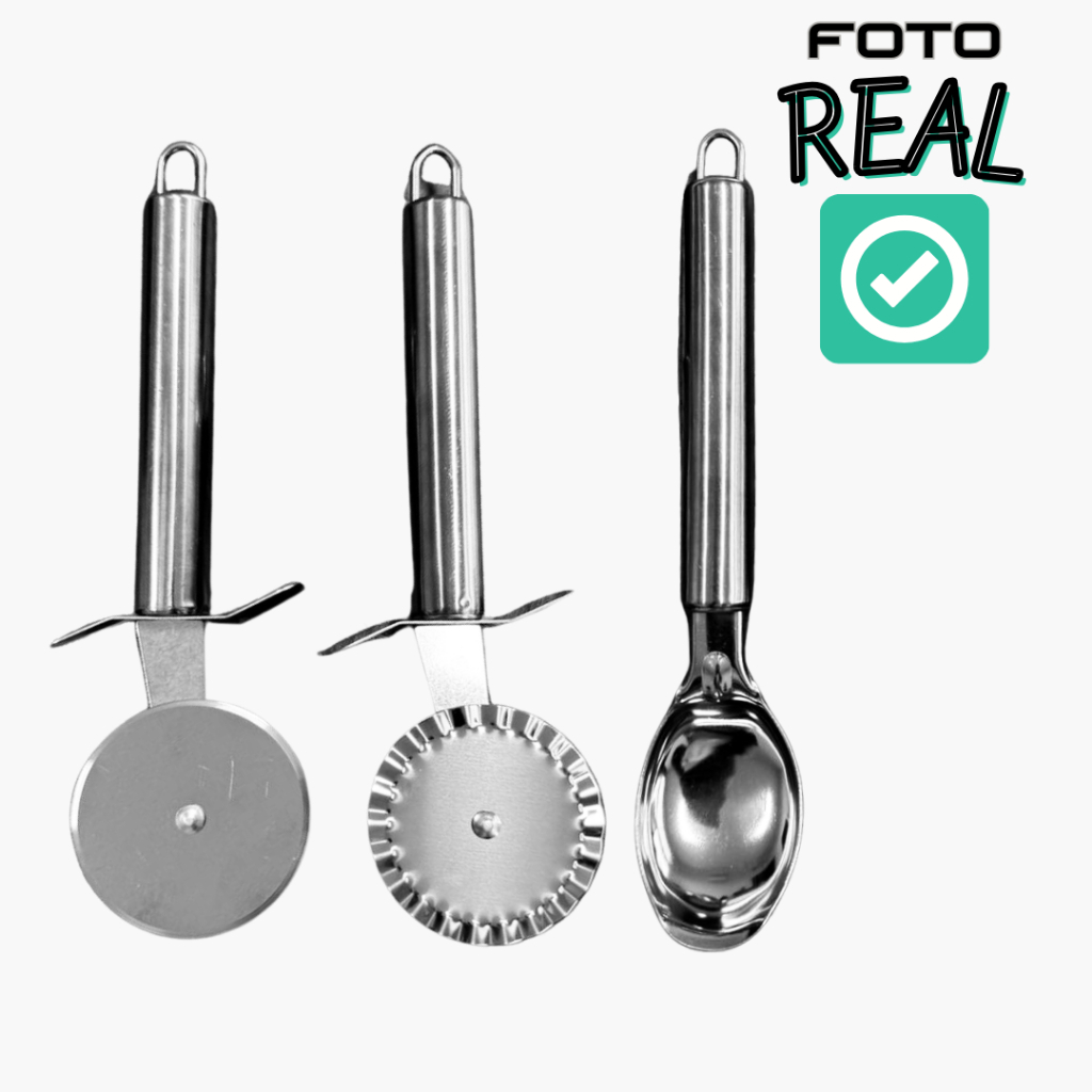 Kit Utensílios de Cozinha 3 Peças 100% Aço Inox Espatula manteiga Colher sorvete Cortador ...
