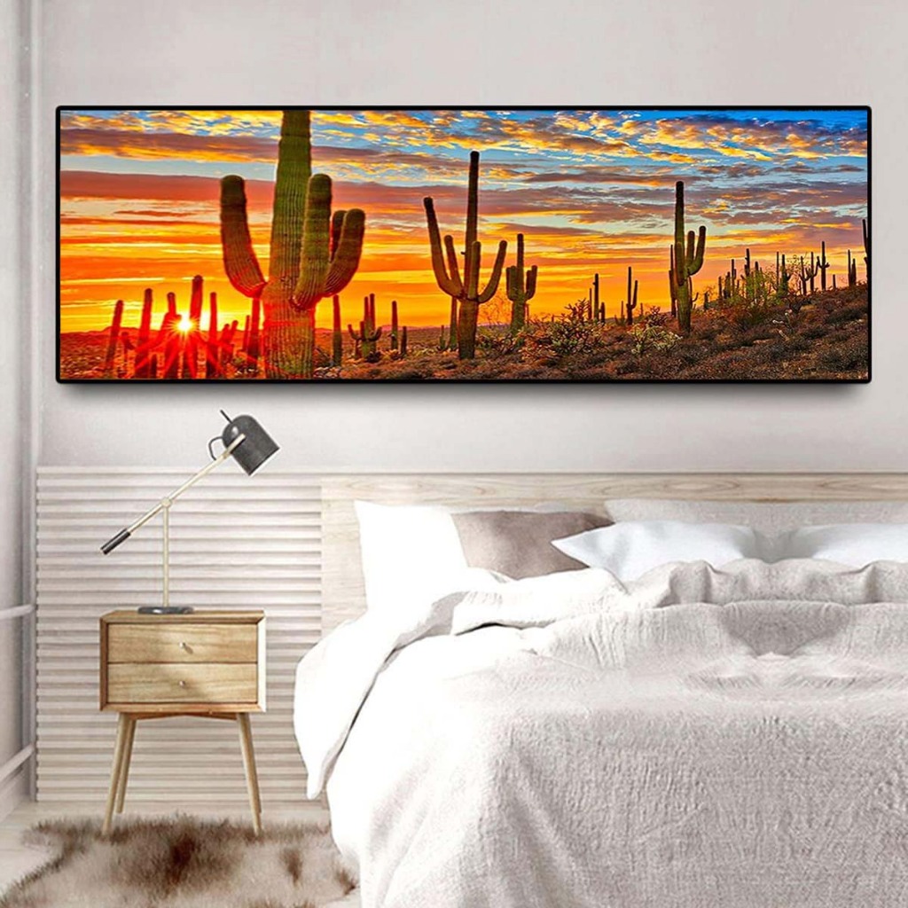 Conjunto de pintura diamante de cacto de pôr do sol infantil 120x40cm, conjunto de pintura de diamante 5D DIY adulto