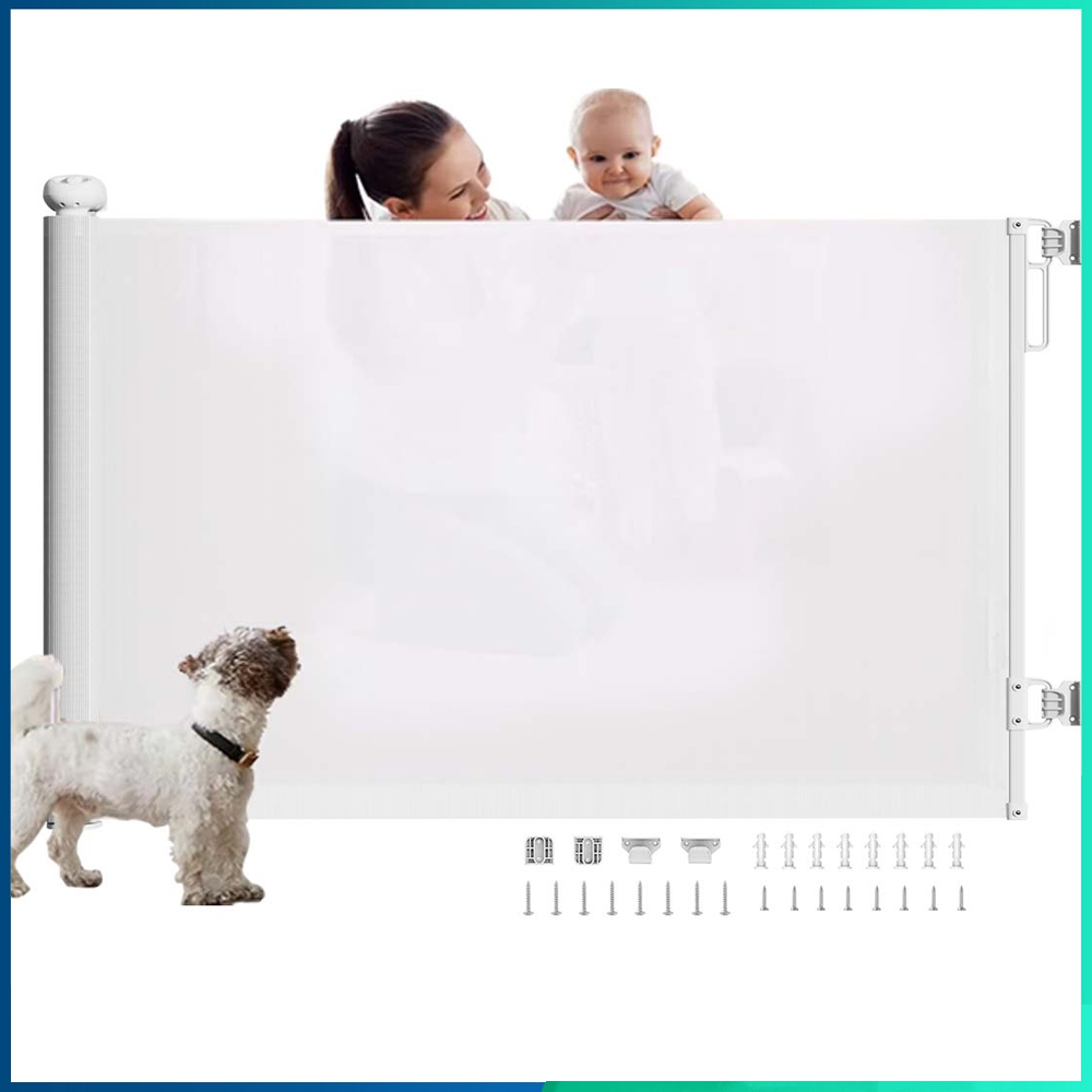 Porta de segurança para cães de estimação, proteção de segurança retrátil branca, dobrável, porta de escada para bebês e