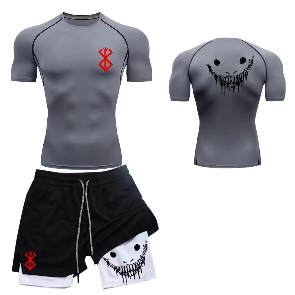 Verão masculino moda Casual terno de Fitness ginásio de secagem rápida Shorts esportivos + camisa conjunto de 2 peças tr
