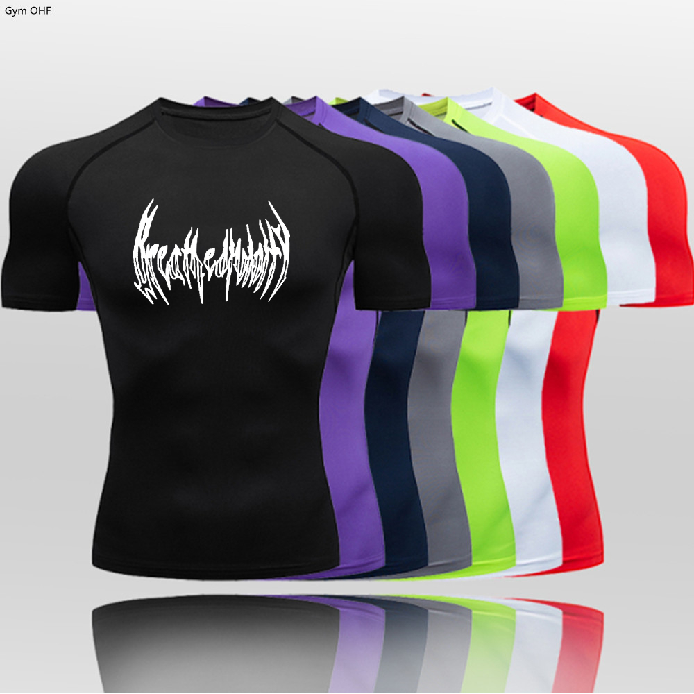 Camisa De Compressão Masculina Tecido De Malha Em Torno Do Pescoço Manga Curta Respirável Umidade Wicking Magro Ajuste T em Oferta na Shopee