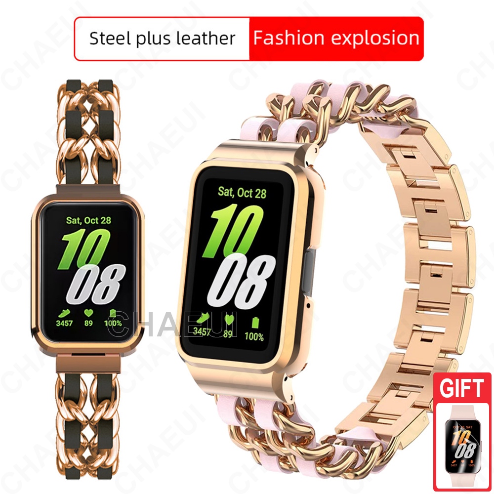 Pulseira De Aço Inoxidável Com Capa De Couro Substituição Para Galaxy Fit 3
