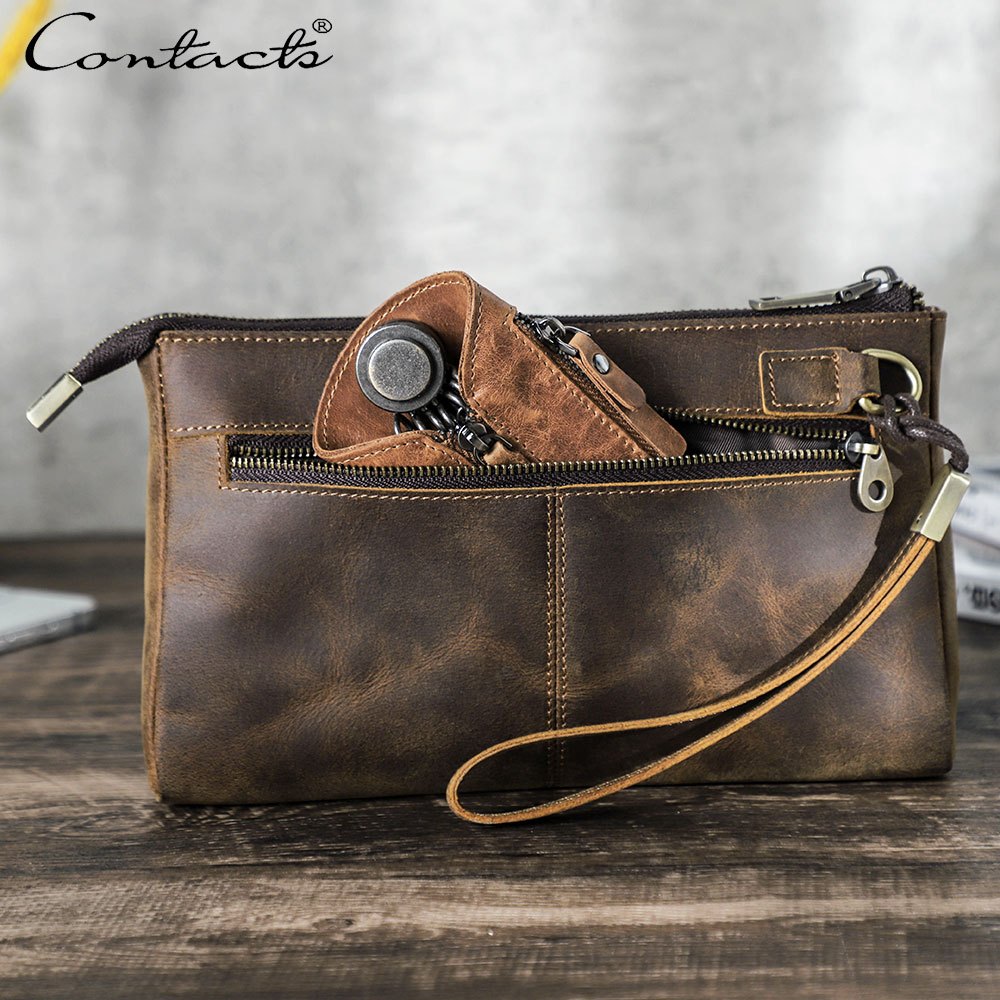 CONTACT'S Couro Genuíno Homens Bolsa Embreagem Design Carteira Longa Masculina Organizador De Cabo