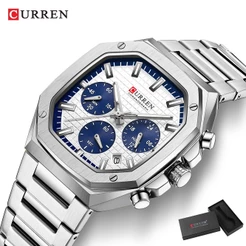 Original CURREN Luxo Novo Relógio Masculino Ponteiros Luminosos Cronógrafo Código Aço Inoxidável Mostrador Quadrado Moda