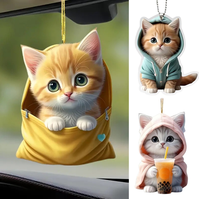 Gato Bonito Pingente Espelho Retrovisor Do Carro Decoração 2D Presente Mochila Chaveiro Acrílico Plano