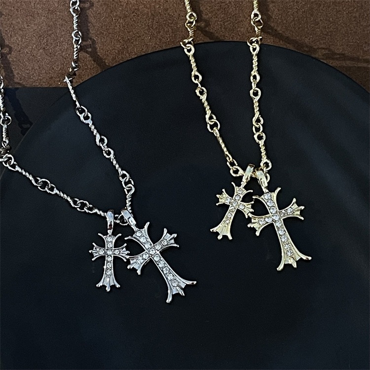 Moda Zircão Cristal Aço Inoxidável Dupla Cruz Pingente Colar Gargantilha Corrente Jóias Presente Do Feriado Para Acessór
