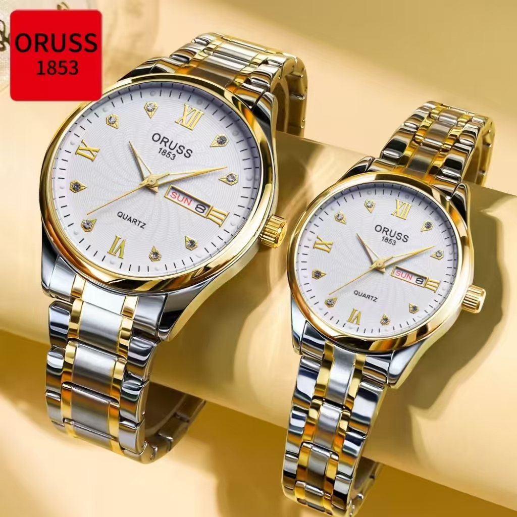 ORUSS Casal Original de Aço Inoxidável Calendário Duplo Luxo À Prova D 'Água Ouro/Prata Relógio Moda Luminosa Negócios V