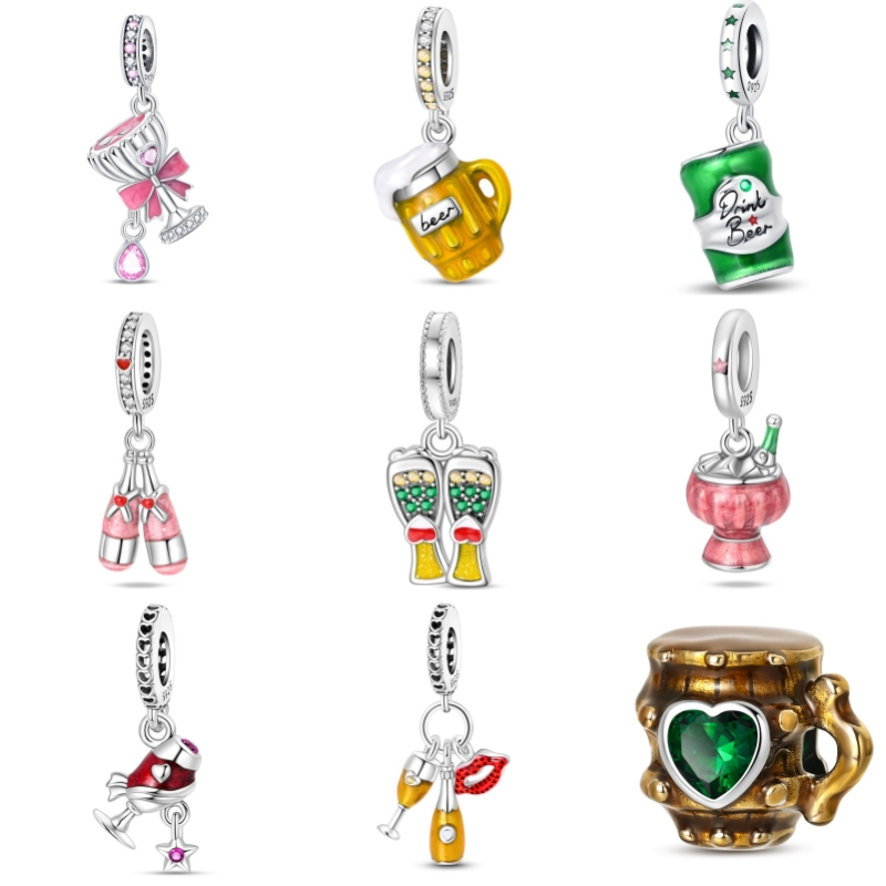 berloque DIY pulseira frisado pingente de prata senhoras moda S925 pulseira de prata cerveja vinho tinto pingente