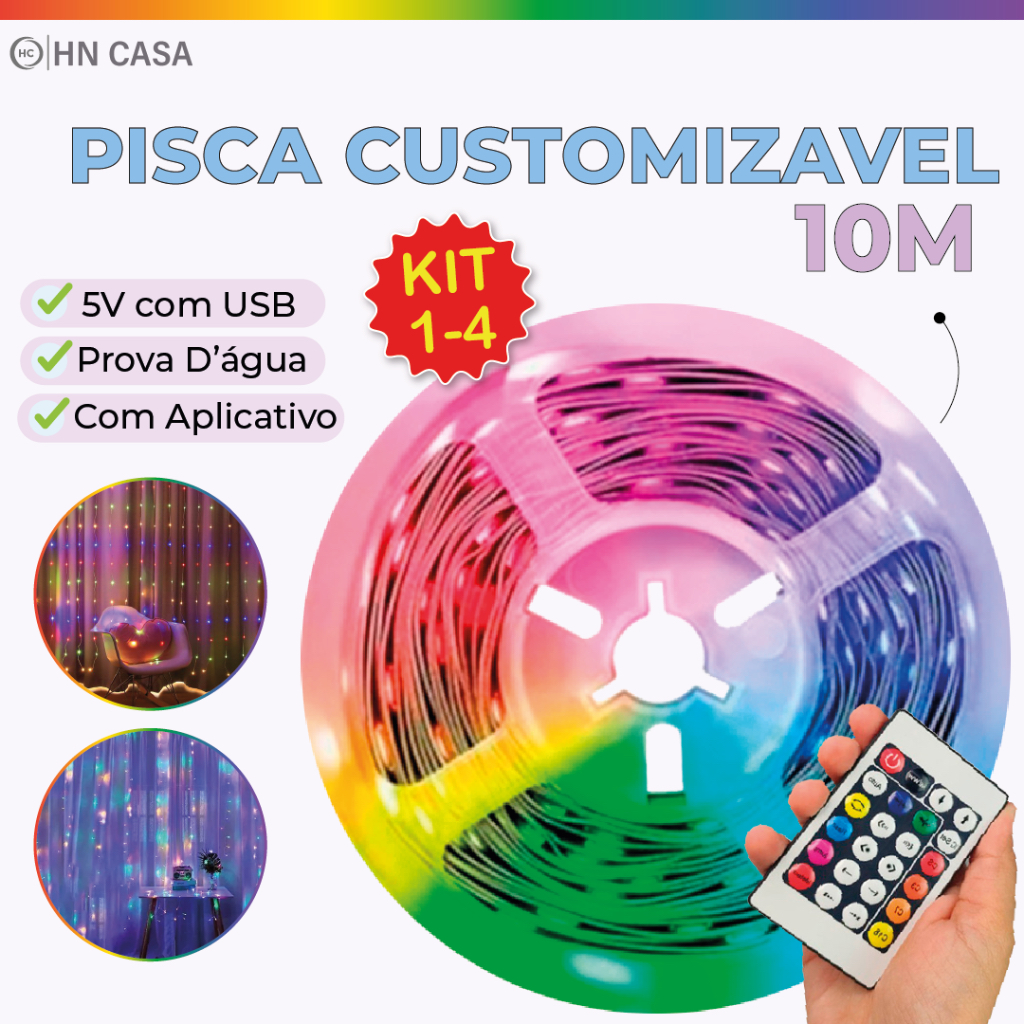 Pisca LED RGB 10M USB + CONTROLE | Controle por aplicativo |A prova d'água | Pisca-Pisca para Decoração de Natal