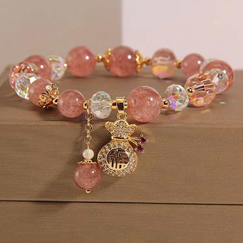 Pulseira Feminina Contas Cristal Pingente Morango Delicada Romântica Sorte