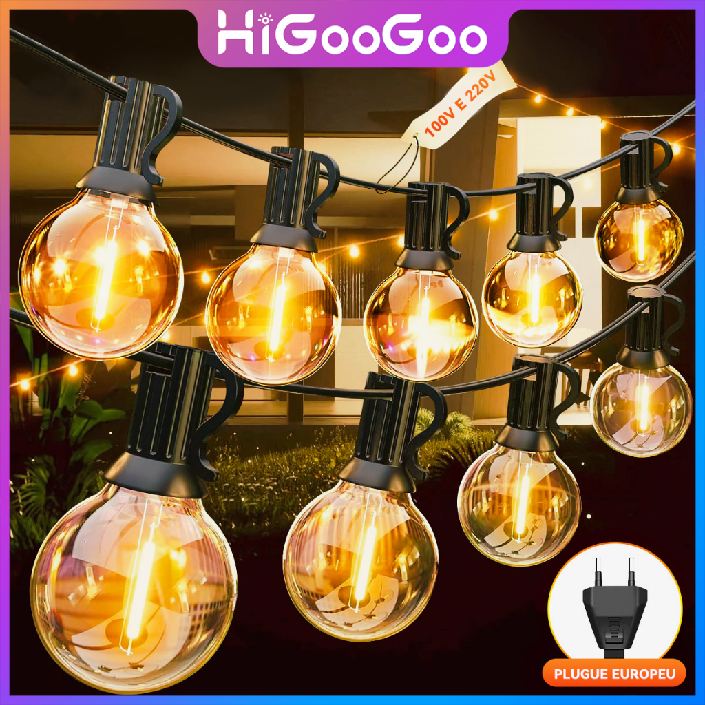 HiGooGoo G40 Inquebrável 20/30M Cordão De Luz Iluminação Externa Varal De Luze Com Lâmpada Decoração Para Natal Carnaval em Oferta na Shopee