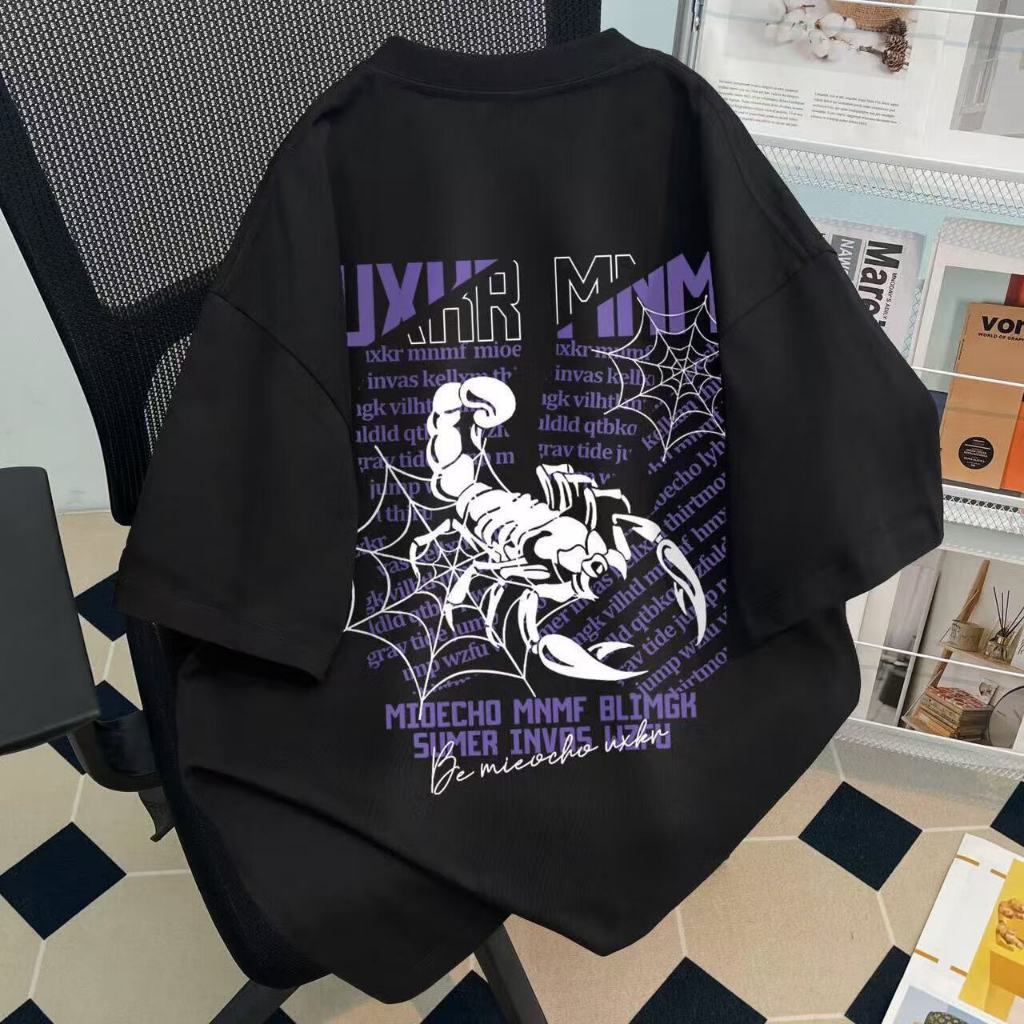 Manga curta de algodão puro com gola redonda, padrão escorpião, padrão frente e verso, Casual All-Match em Oferta na Shopee