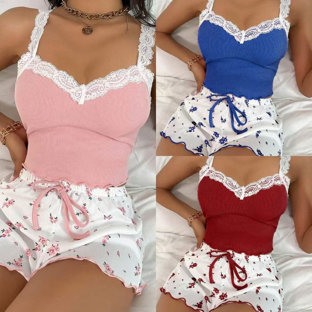 Pijama Feminino Veräo Sexy Renda Malha Fria Terno de 2 Peças Para Casa