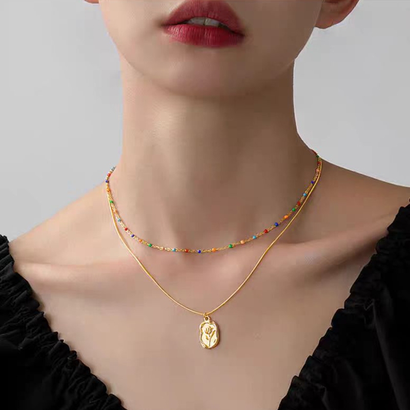 Colar de tulipa retrô brilhante em relevo, Material de aço inoxidável, à prova de suor, à prova d'água, não desbota, tex