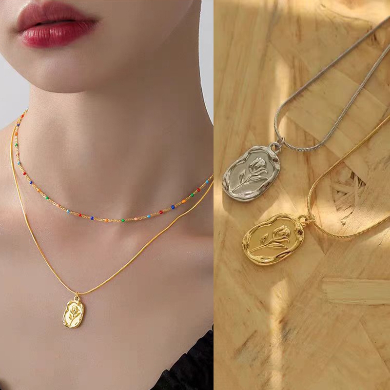 Colar de tulipa retrô brilhante em relevo, Material de aço inoxidável, à prova de suor, à prova d'água, não desbota, tex em Oferta na Shopee