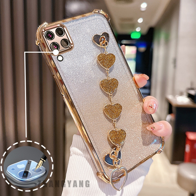 Capa Para Samsung A12 A22 4G M12 M22 M32 Flash anti Queda Galvanizado Caso De Telefone Com Pulseira De Coração Bonito TP