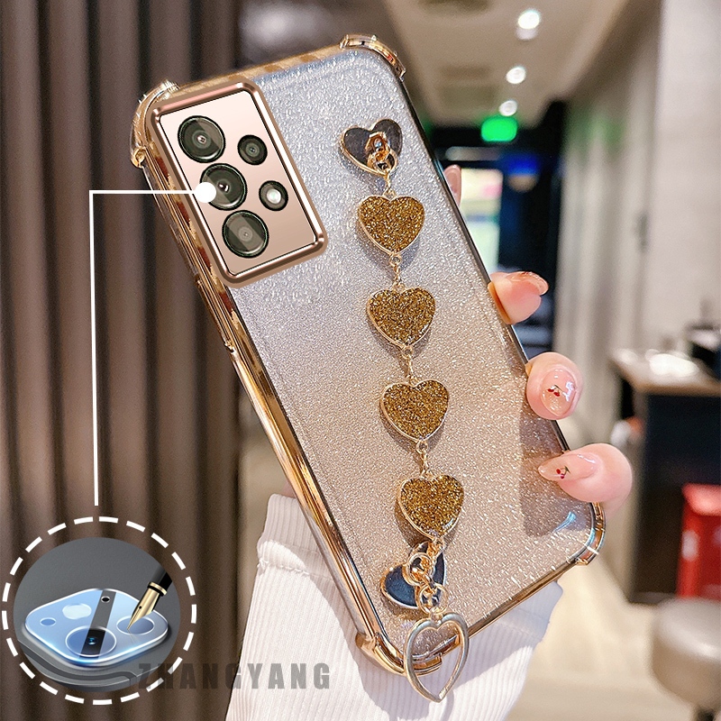 Capa Para Samsung A13 4G A13 5G A23 Flash anti Queda Galvanizado Caso De Telefone Com Pulseira De Coração Bonito TPU sil