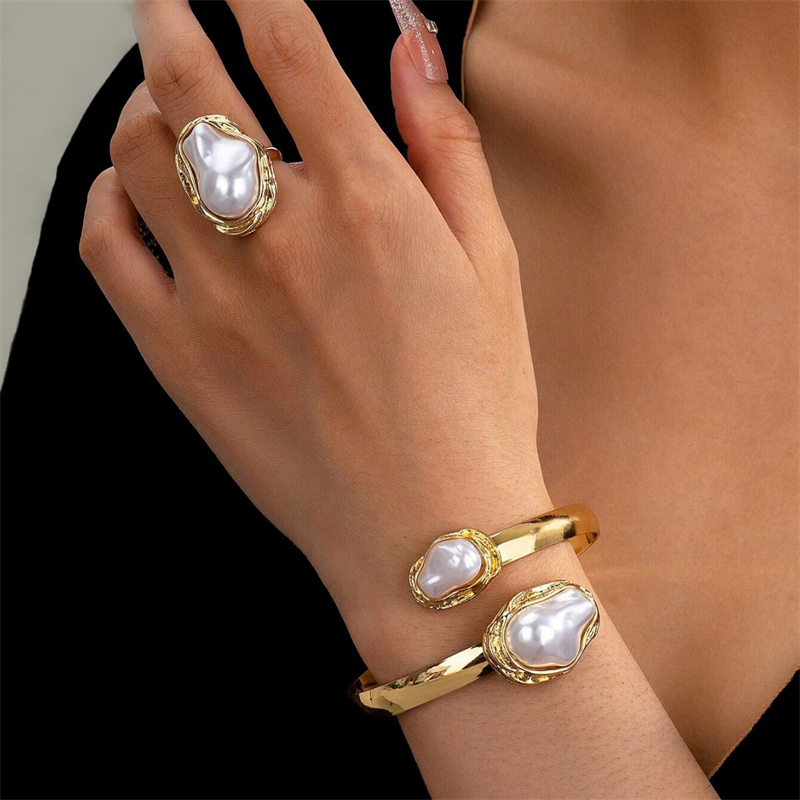 Moda Vintage 18k Banhado A Ouro Enrugado Pérola Pulseira Anel Ajustável Para Mulheres Conjuntos De Jóias Presentes Do Fe