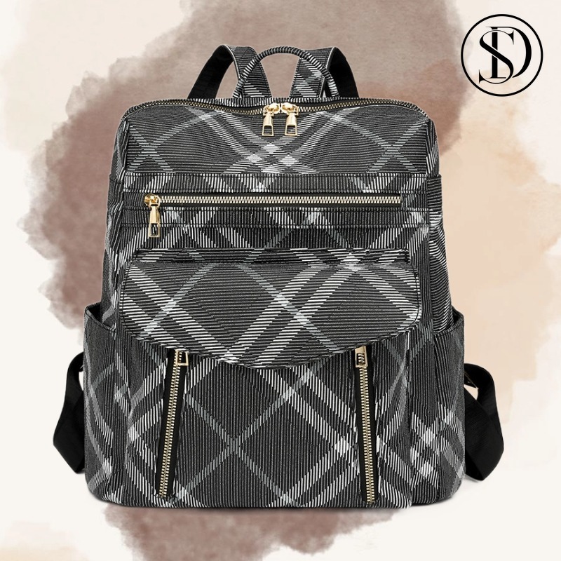 Mochila multifuncional impressa preta de couro PU para mulheres em Oferta na Shopee