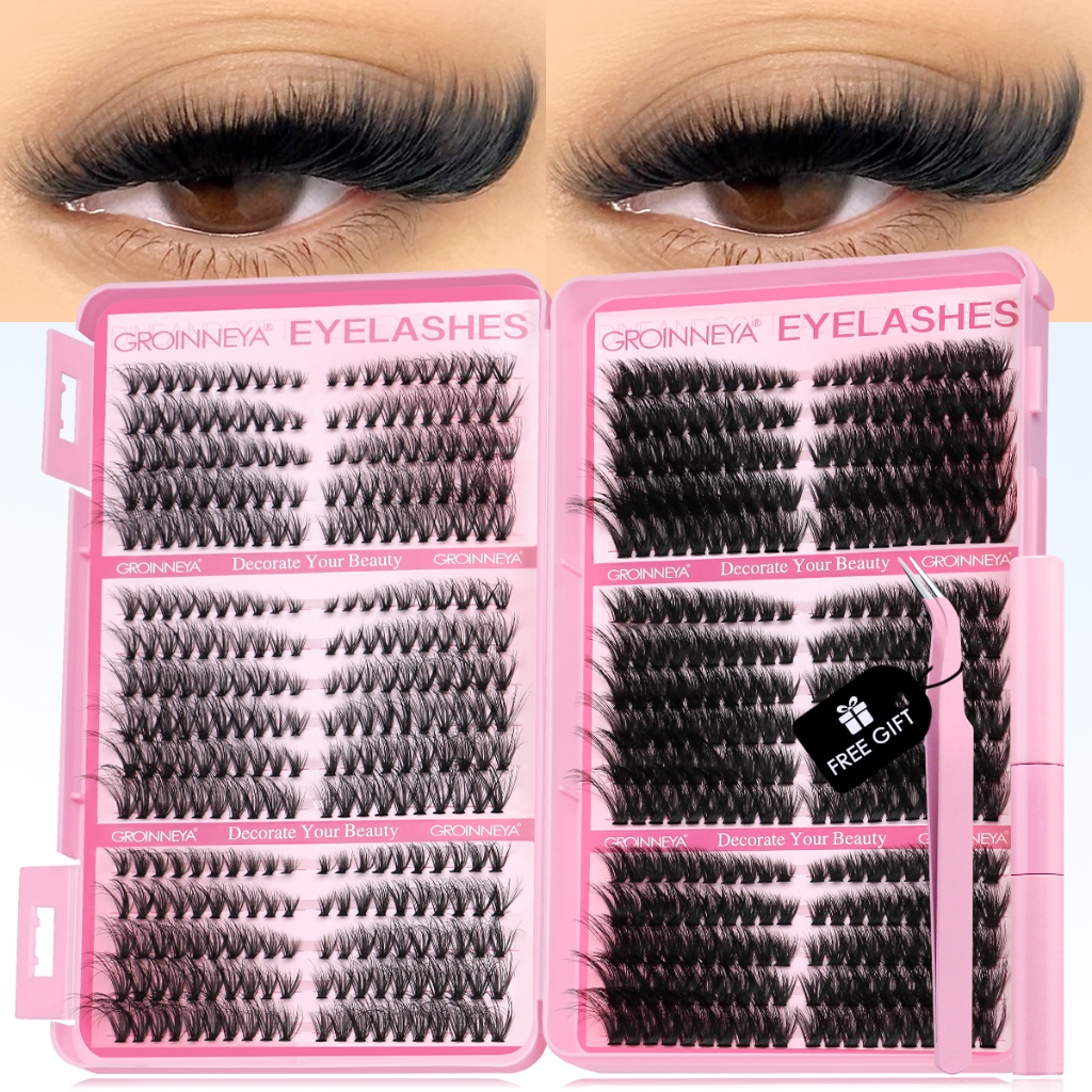 GROINNEYA Lash Clusters Kit Cat Lashes 640 Pcs Com Bond & Seal Cluster Extensões De Cílios De DIY Em Casa