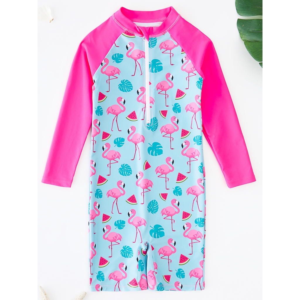 Meninas esportes surf terno maiô verão manga comprida de uma peça moda Tropical Flamingo padrão menina maiô 4-8 anos