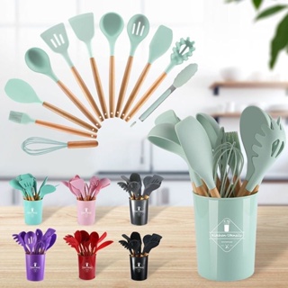 12 Peças Utensílios De Cozinha Colheres Espatula Silicone Cabo Madeira Decoração Livre BPA em Oferta na Shopee