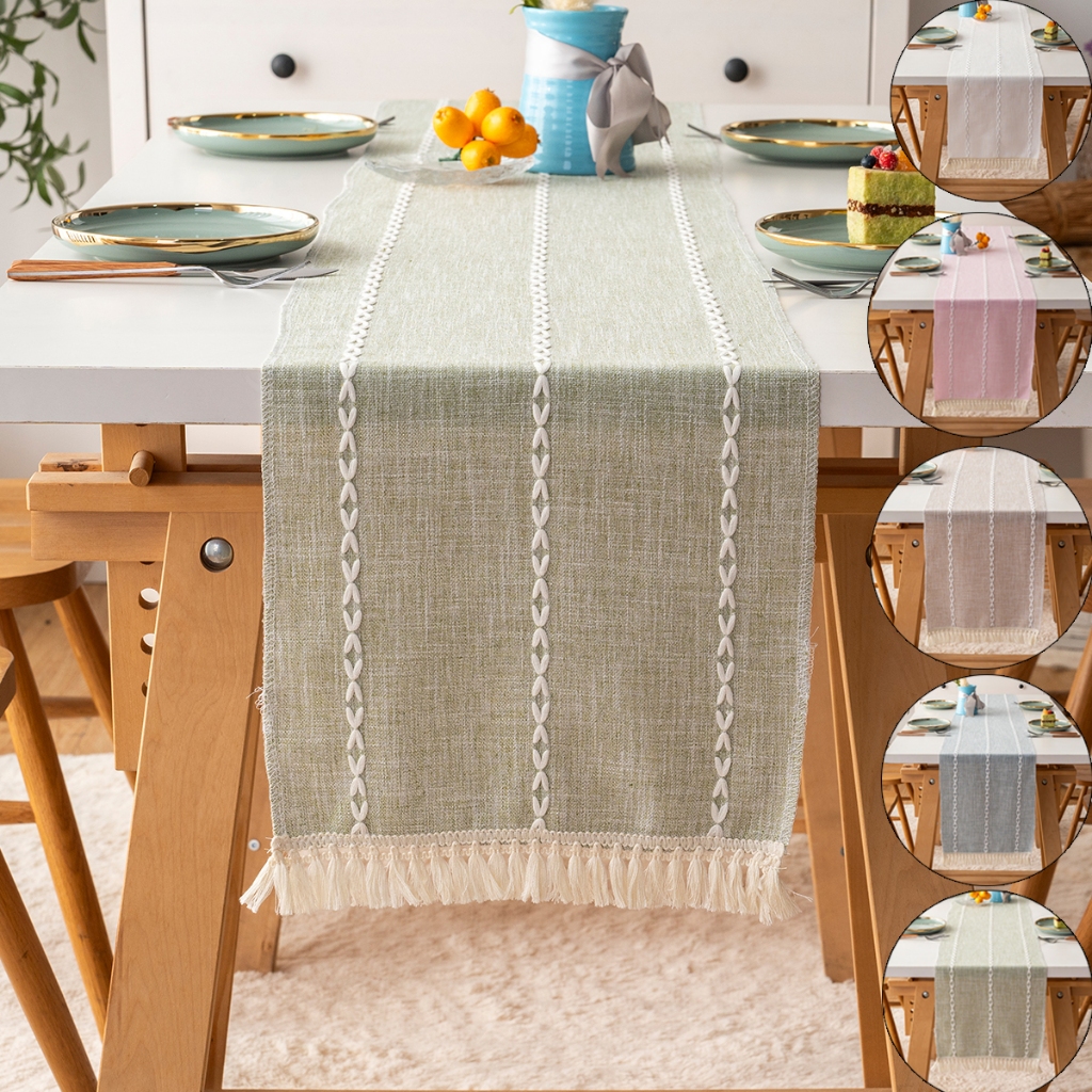 Corredor De Mesa De Linho De Algodão Boho Rústico Corredores Estilo Fazenda Bordado Com Bo...