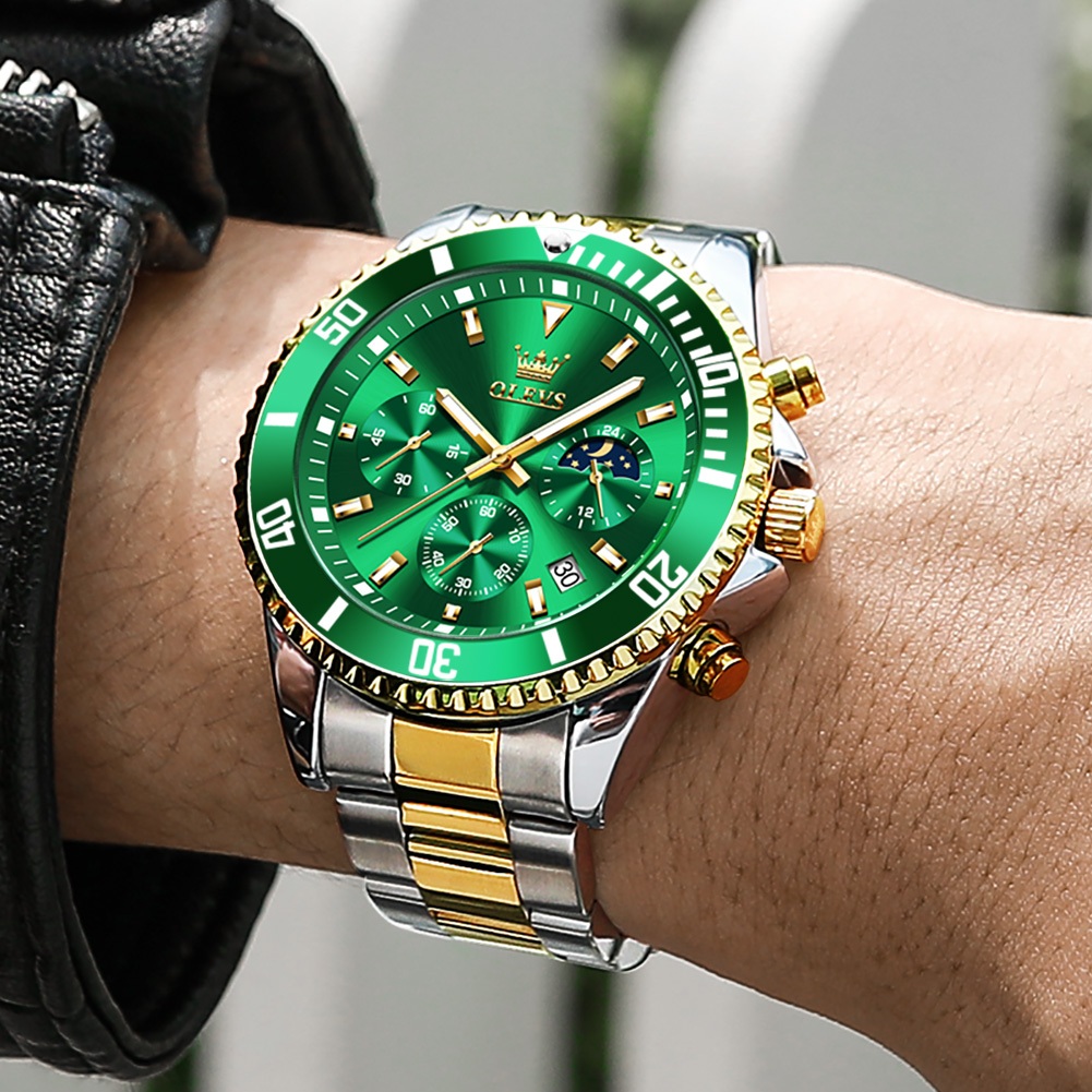 Detalhes do OLEVS Relogio Masculino Luxo Prova Da água Original Dourado Esportivo Prata Preto De Aço Cronógrafo Quartzo 2870