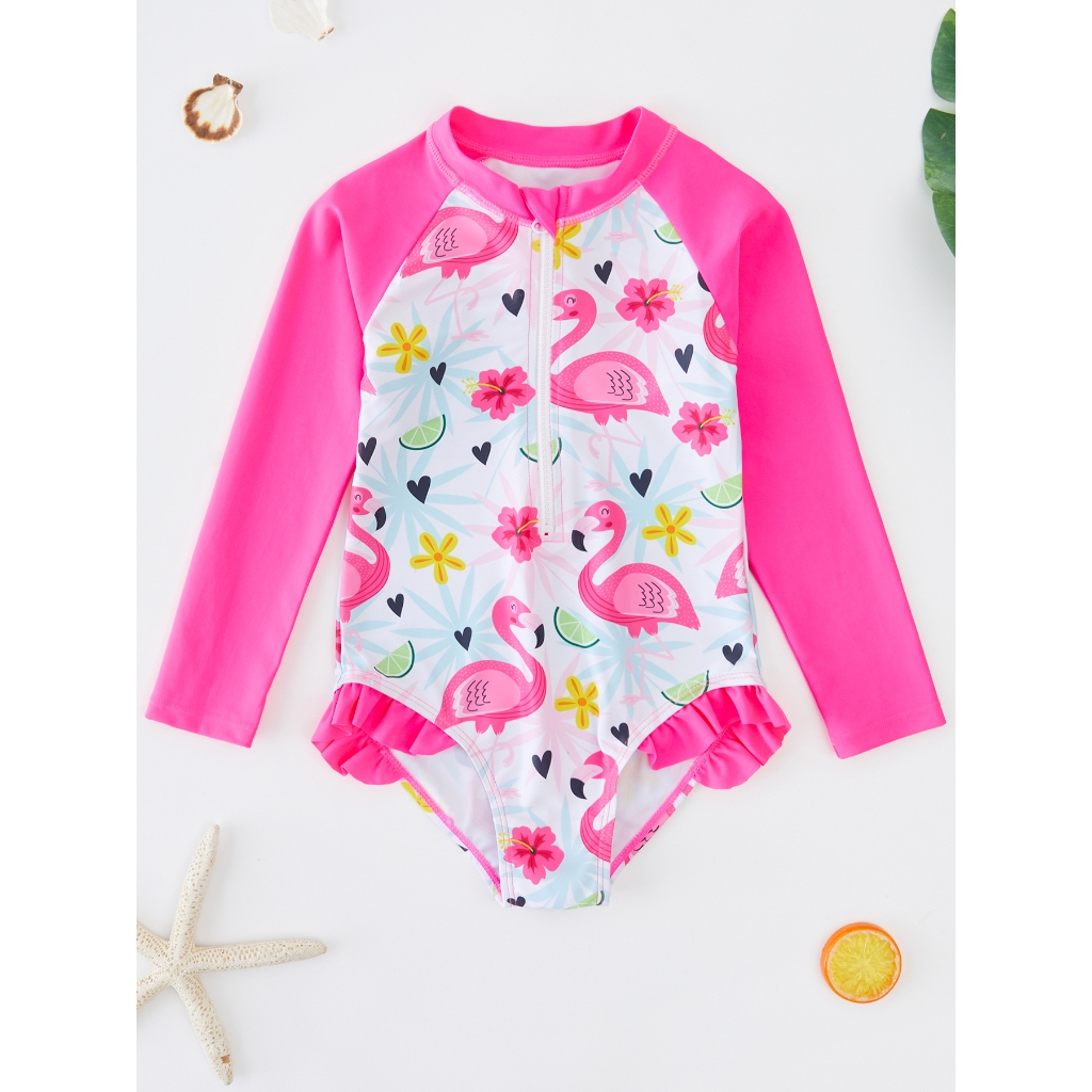 Meninas praia moda surf terno maiô Tropical Flamingo manga longa maiô bonito