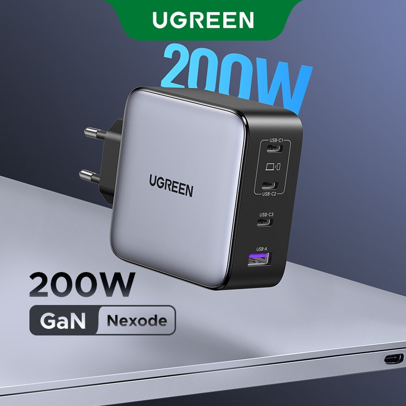 Carregador UGREEN 200W USB C Nexode Plug 4 Portas GaN Type Adaptador De Energia De Parede Rápida Suporte PD 140W Compatí