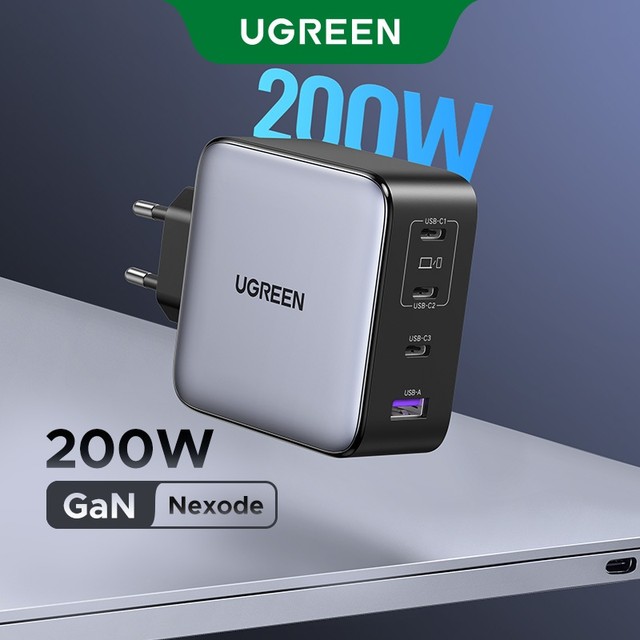 Carregador UGREEN 200W USB C Nexode Plug 4 Portas GaN Type Adaptador De Energia De Parede Rápida Suporte PD 140W Compatí