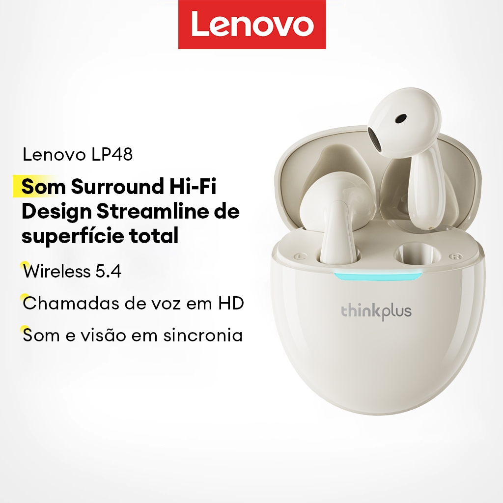 Lenovo LP48 Fone De Ouvido Bluetooth design Curvo Esportes À Prova D'água Smart Touch 5.4 - Audio