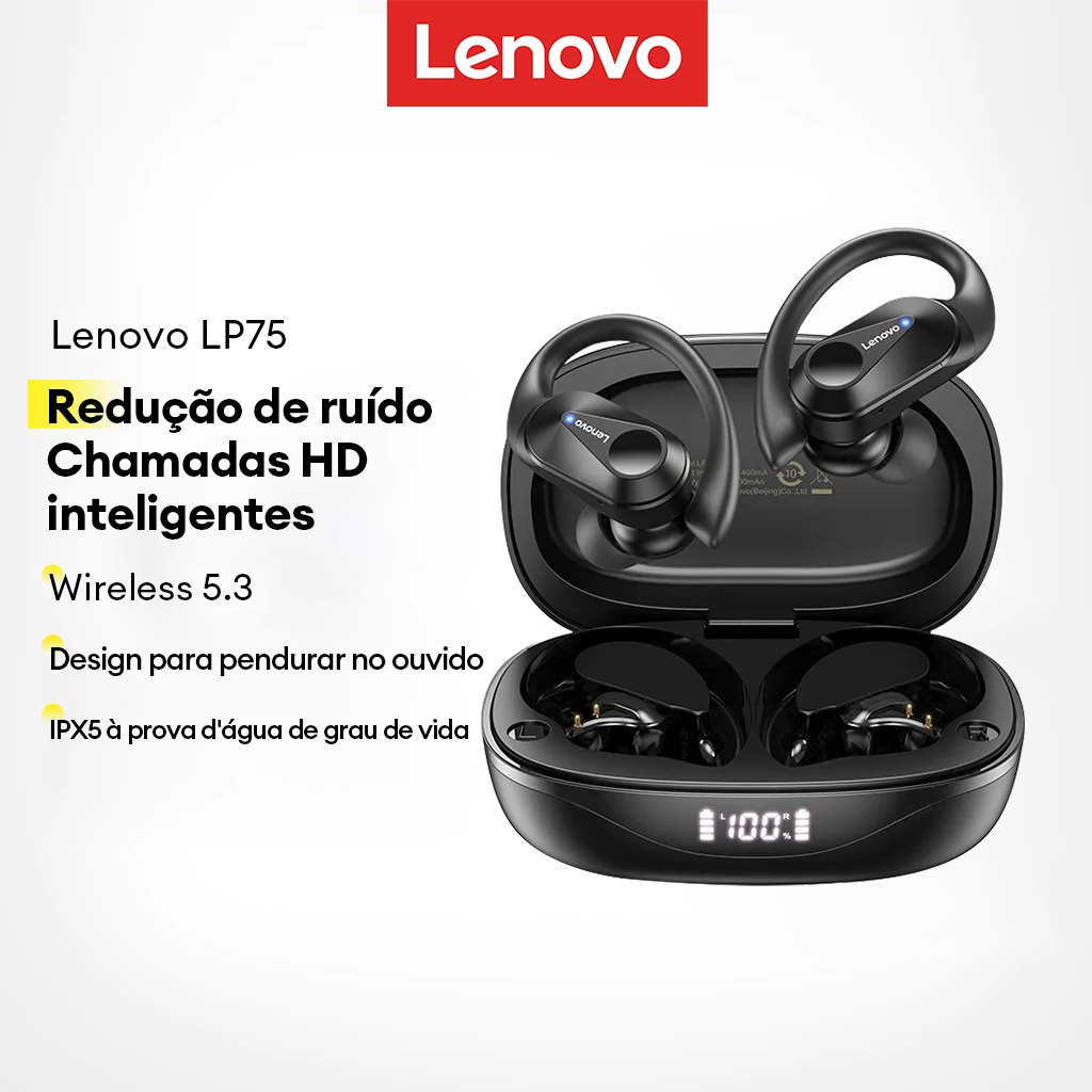Lenovo LP75 Fones De Ouvido Bluetooth Sem Fio À Prova D'água Estéreo HiFi Conforto de movimento aprimorado por graves