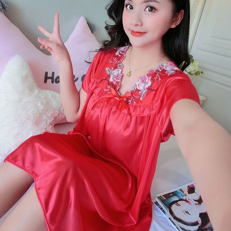 Novo Pijama De Moda De Seda Gelo Solto Camisola De Manga Curta Feminina