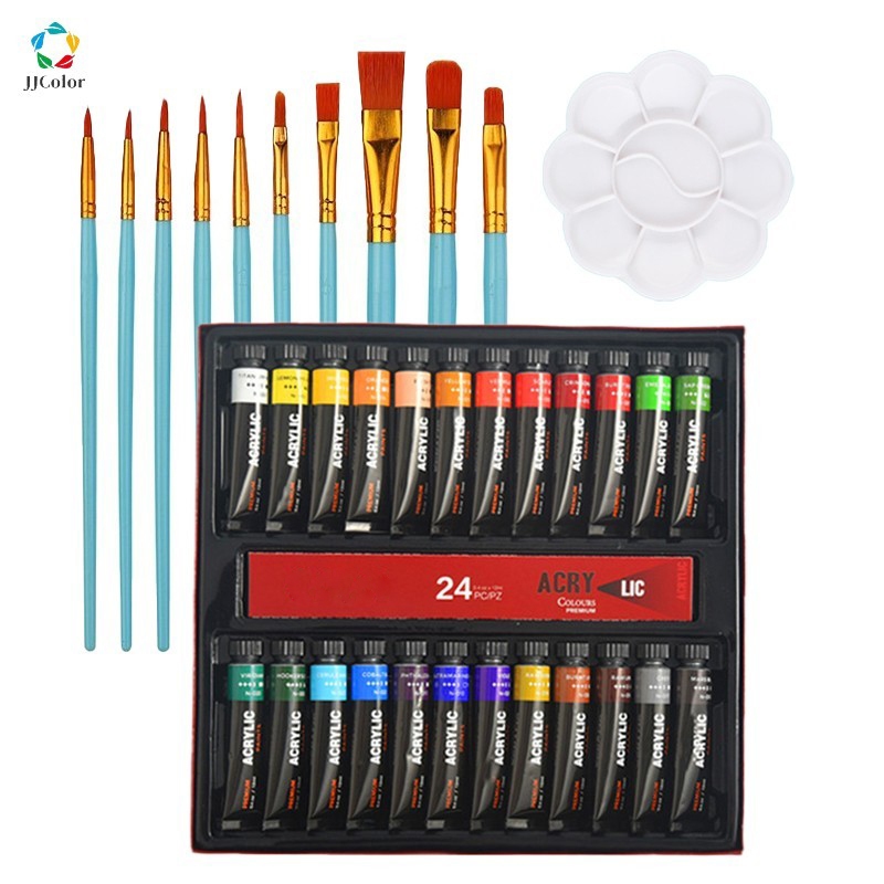 Imagem Kit Pintura em Tela Profissional 12/24 Tinta Acrílica Com Pincel E Paleta Prova D'água Kit Desenho
