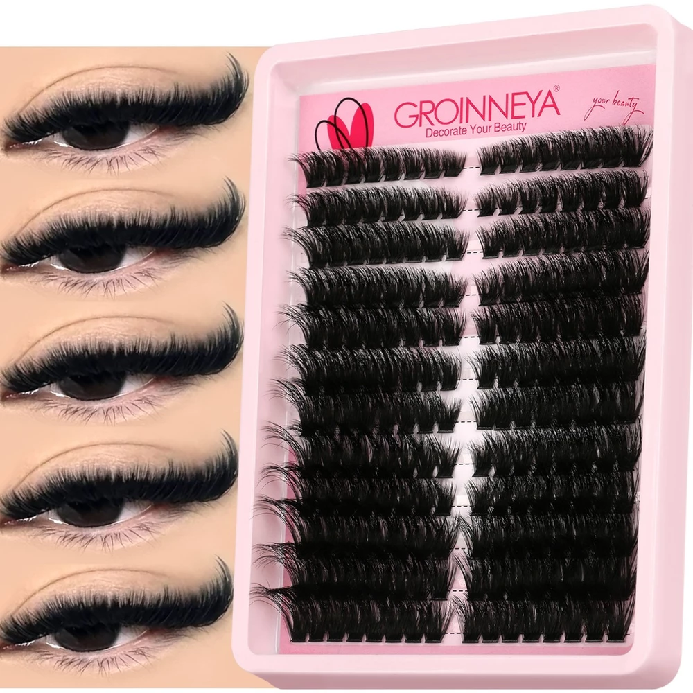 GROINNEYA Extensões de Cílios Individuais Tufos Wispy Fofos Reutilizáveis Efeito Vison Faux para um Olhar Alongado