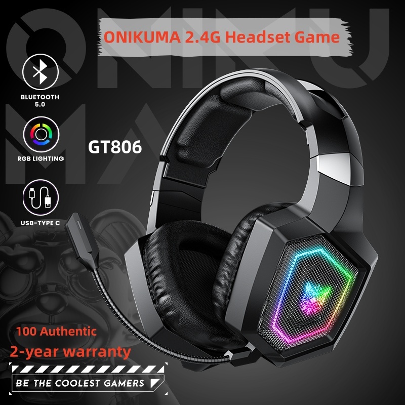 ONIKUMA GT806 Fones De Ouvido Sem Fio Pretos Microfone Removível 2.4G USB Com RGB LED Fone Legal Para Jogos - Audio